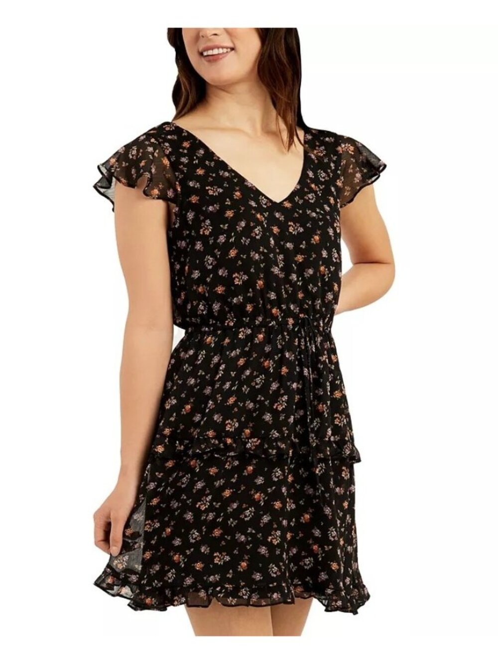 BCX Baby Doll Dress Womens XS Black‎ Floral Short Layered New